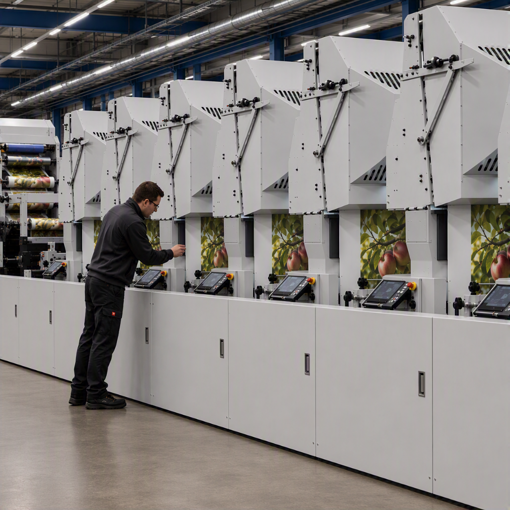 Operator adjusting a multi-station printing press line printing apple artwork